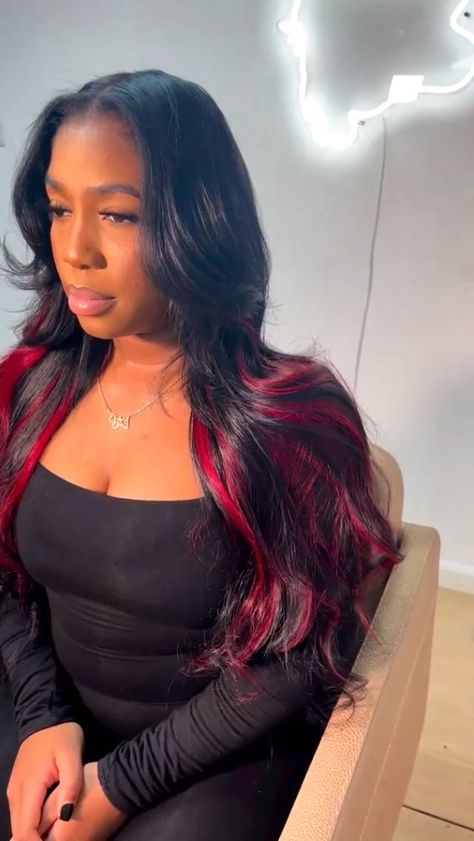 Red Highlights Quick Weave, Peekaboo Hair Color Quick Weave, Quick Weave With Red Highlights, Red Highlights Sew In, Black Sew In With Red Highlights, Black And Red Quick Weave, Red Highlights On Dark Hair Black Women, Red And Black Sew In, Red Hair Layers