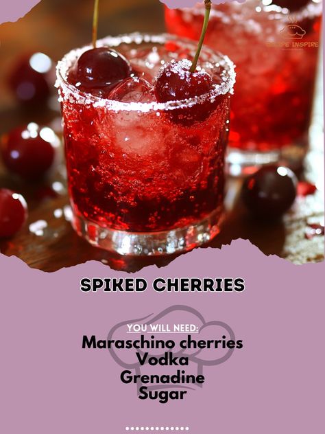 Get a juicy burst of flavor with these spiked cherries! Perfect for adding a fun twist to any party! 🍒💥 #SpikedFun #CherryLovers Spiked Cherries Ingredients: Maraschino cherries (1 jar) Vodka (1 cup) Grenadine (1/4 cup) Sugar (for garnish) Ice cubes (as needed) Instructions: Drain the cherries and place them in a jar with vodka and grenadine. Let them soak in the fridge for at least 24 hours. Serve chilled and rolled in sugar for a sweet, spiked treat! 🍒✨ Add some pop to your next party w... Drinks With Maraschino Cherries, Cherry Rum Cocktails, Spiked Cherries, Cherry Vodka, Alcholic Drinks, Summer Drinks Alcohol, Maraschino Cherries, Cherry Cocktail, Yummy Alcoholic Drinks