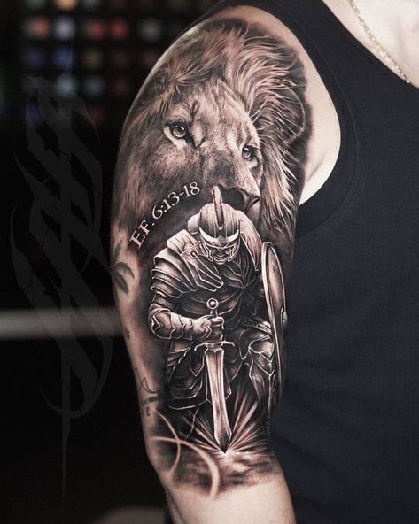 @electricink | Instagram Christian Shield Tattoo, Christian Knight Tattoo, Armor Of God Tattoo Ideas, God Warrior Tattoo, Lion And Knight Tattoo, Lion Of God Tattoo, Armor Of God Tattoos For Guys, Soldier Of God Tattoo, Gods Warrior Tattoo