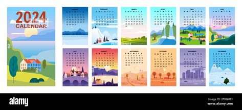 Download this stock vector: 2024 Wall Calendar set of 12 landscape natural backgrounds of four seasons - 2T0NH23 from Alamy's library of millions of high resolution stock photos, illustrations and vectors. Wall Calendar Design, Calendar Vector, Wall Planner, Natural Background, Lake Landscape, Calendar Pages, Backdrops Backgrounds, Color Vector, Calendar Design