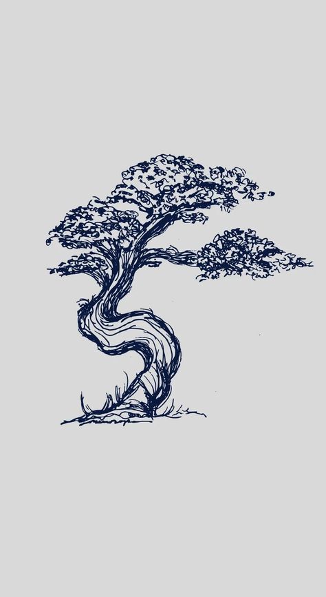 Asian Tree Drawing, Korean Tree Tattoo, Japanese Tree Illustration, Bonsai Tree Drawing Sketches, Bonsai Tree Tattoo Men, Bonsai Tree Tattoo Simple, Japanese Bonsai Tree Drawing, Long Tree Tattoo, Bonsai Doodle