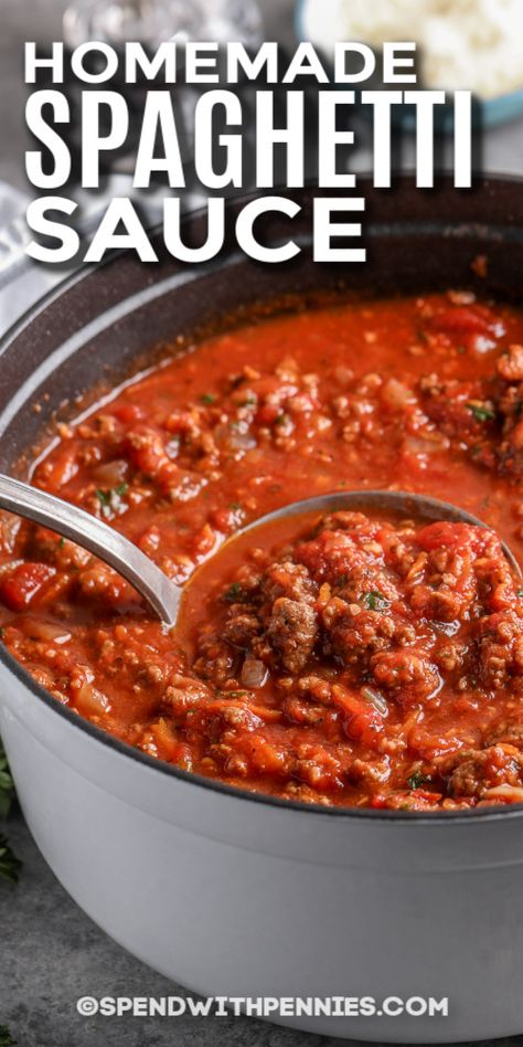 Every home cook needs a good homemade spaghetti sauce recipe, and this is the one! Two types of meat including ground beef and sausage combined with the best Italian seasonings, plus carrots for that extra added sweetness without the sugar. Everyone loves this easy pasta sauce recipe. It's great on chicken parmesan! #spaghettisaucerecipe #homemadespaghettisauce #spendwithpennies #meatsaucerecipe Spaghetti Sauce Homemade, Easy Spaghetti Sauce, Pasta Sauce Recipes Easy, Best Homemade Spaghetti Sauce, Homemade Spaghetti Sauce Easy, Dinner Spaghetti, Best Spaghetti Sauce, Homemade Spaghetti Sauce Recipe, Easy Pasta Sauce