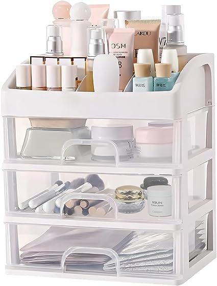 Makeup Organizer,Cosmetic Organizer Storage with 3 Large Drawers,Cosmetic Display Cases (White) Penyimpanan Makeup, Lipstick Container, Makeup Display, Makeup Drawer Organization, Makeup Storage Box, Cosmetic Display, Plastic Drawers, Organize Drawers, Stationery Storage