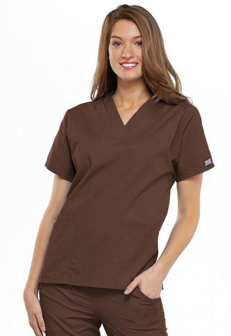 Womens Cherokee Workwear Two Pocket V Neck Chocolate Brown Scrubs, Scrubs Uniform, Medical Outfit, Cotton Poplin Fabric, Nursing Shoes, Womens Scrubs, A Cell, Color Marron, Scrub Tops