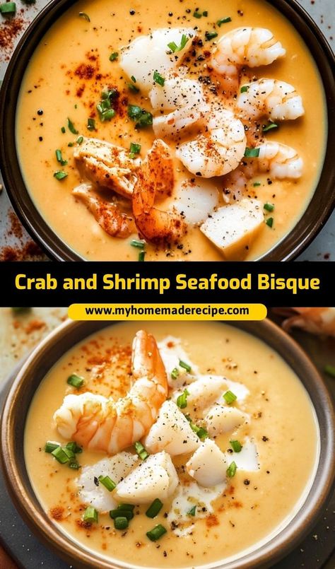 This crab and shrimp seafood bisque is the best bisque for seafood lovers. Rich, creamy, and packed with tender crab and shrimp, it’s the ultimate seafood bisque for a decadent meal Tasty Seafood Soup With Crab And Shrimp, Crab Shrimp And Lobster Bisque, Seafood Soup With Crab And Shrimp, Seafood Bisque With Crab And Shrimp, Shrimp And Lobster Bisque, Crab Shrimp Seafood Bisque, Crab And Shrimp Seafood Bisque Recipe, Shrimp Crab Recipes, Creamy Crab And Shrimp Seafood Bisque