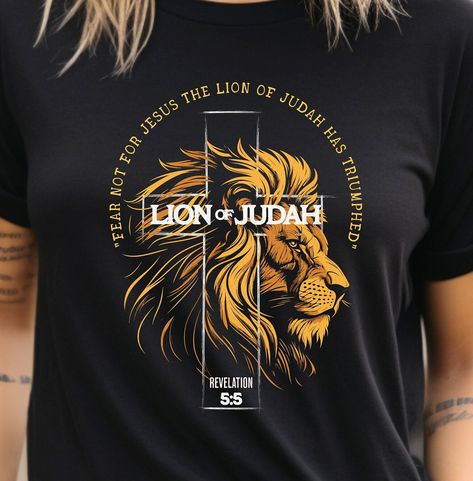 Lion of Judah T-Shirt, Jesus Shirt, Bible Verse Gift, Faith Tees, Christian Quotes, Christian Gift Ideas, Religious Gift, Christian Clothing by CatnapzStudio on Etsy Lion Tshirt Design, Christian Gift Ideas, Paleo Hebrew, Jesus Clothes, Quotes Christian, Bible Verse Gifts, Christian Tshirt, Faith Tees, Lion Tshirt