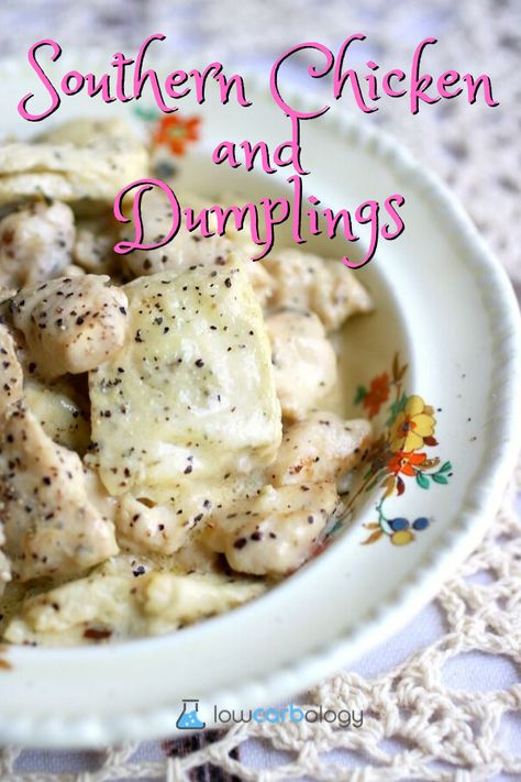 Low carb Southern chicken and dumplings recipe is full of old fashioned flavor! This dish has everything about traditional chicken and dumplings that you like and leaves out the pesky carbs. Stir up a pot of this home cooked comfort food and enjoy!  #southernchickendumpling #lowcarbrecipes #ketorecipes #chicken #dumplings #lowcarb #keto Low Carb Chicken And Dumplings, Southern Chicken And Dumplings, Chicken And Dumplings Recipe, Southern Chicken, Chicken Dumplings, Dumplings Recipe, Clean Eating Dinner, Dumpling Recipe, Low Carb Chicken