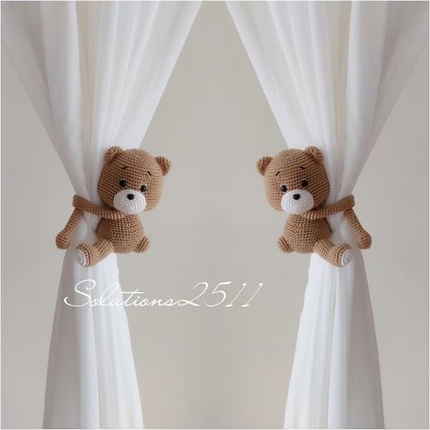 Teddy Bear Crochet Curtain Tie Backs, Teddy Bear Tie Backs, Nursery Curtain Tie Backs, made to Order - Etsy Teddy Bear Curtain Tie Backs, Neutral Teddy Bear Nursery, Teddy Bear Themed Nursery, Nursery Curtains Neutral, Teddy Bear Room Decor, Bear Nursery Boy, Crochet Curtain Tie Backs, Teddy Bear Baby Nursery, Teddy Bear Nursery Theme