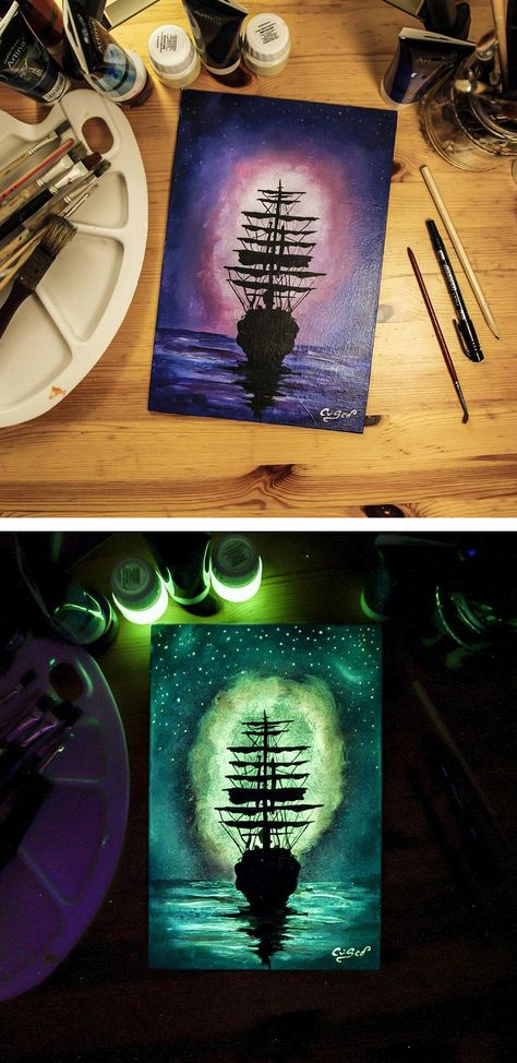 Glow In The Dark Art, Paintings Of Animals, Glow Paint, Dark Paintings, Recycled Art Projects, Glowing Art, Dark Art Drawings, Drawings Simple, Mini Paintings