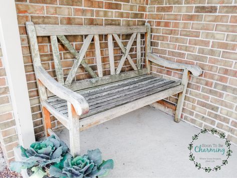 How To Refinish A Wood Bench - Soon To Be Charming Rustic Outdoor Benches, Wood Bench Seat, Front Porch Seating, Bench Makeover, Wooden Bench Seat, Teak Bench Outdoor, Front Porch Bench, Rocking Bench, Cedar Bench