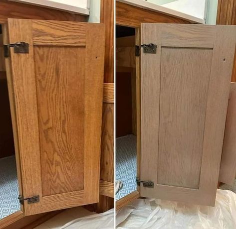 Weathered Oak Stain Cabinets, Lighten Oak Cabinets Without Paint, How To Make Honey Oak Look Like White Oak, Bleach Oak Cabinets, Tone Down Orange Wood Cabinets, Tan Wash Cabinets, Bleached Wood Cabinets, How To Lighten Honey Oak Cabinets, White Washing Oak Cabinets