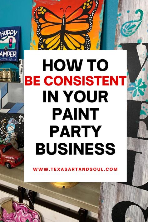 Whether you love to paint door hangers, wood signs, acrylic canvas paintings, or home decor, you can make a great income with paint night events! Grow your creative business with these 2 tips on how to be consistent in your Paint Party business. Paint Business, Paint And Sip Business Ideas, Paint Party For Adults, Puff And Paint Party Ideas, Paint And Sip Business, Painting Party Ideas Canvases, Paint And Sip Studio Decor, How To Host A Paint Night, At Home Paint And Sip Party Decor