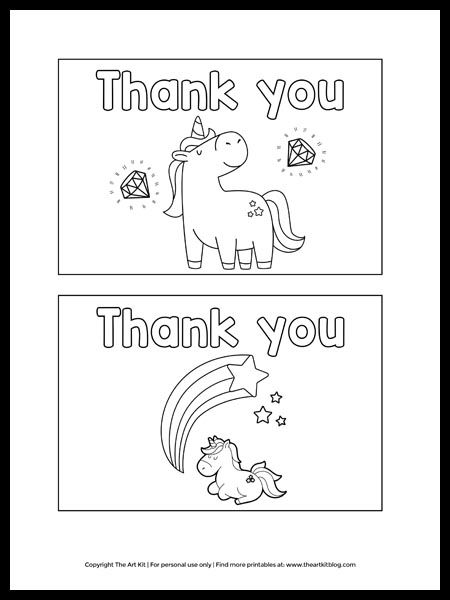 FREE Printable Unicorn Thank You Cards to Color! - The Art Kit Thank You Cards From Kids, Thank You Printable, Rabbit Colors, Cute Thank You Cards, Teacher Appreciation Cards, Unicorn Printables, Unicorn Card, Free Thank You Cards, Unicorn Colors