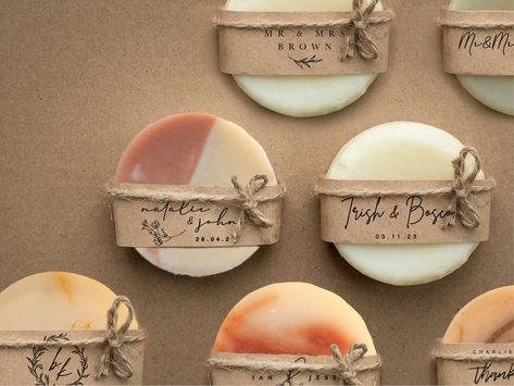 Impress your guests with this set of personalised handmade Australian round soap favours. Customise the wording and design to fit your wedding, party or event. These natural plant based soaps are certified organic products and cruelty free as they are not tested on animals. Coloured with natural herbs, spices and clays, they contain only good oils with a nice creamy lather that nourishes your skin. For personalisation, please leave details in personalisation box. If you require other customisati Round Soap Design, Round Soap Packaging Ideas, Round Soap Packaging, Soap Favours, Nutella Label, Wrappers Diy, Wedding Soap Favors, Save The Date Stamp, Soap Wedding Favors