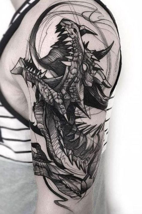 Badass tattoos in this article: you can find the true meaning of these inks, special features, and a collection of fascinating designs. Don’t delay and start reading! Sketched Tattoo, Voll Arm-tattoos, Rabe Tattoo, Black Dragon Tattoo, Dragon Tattoo Arm, Tato Naga, Dragons Tattoo, Dragon Tattoos For Men, Tier Tattoo