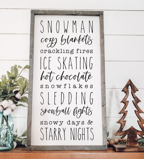 "Perfect new winter home decor sign with all of your winter season favorites. Winter Bucket List framed wooden sign for your home. Beautiful Winter Words Home Decor for your family room, entryway, or anywhere in your home.  Snowman, cozy blankets, crackling fires, ice skating, hot chocolate, snowflakes, sledding, snowball fights, snowy days and starry nights. Many background colors and frames colors are available.  Other sizes are available in my shop. Approximately 24\" x 12\" x 1\" Hand-painte Winter Home Decor Signs, Silver White Winters That Melt Sign, Christmas Signs For Porch, Hello Winter Sign, Winter Porch Signs Diy, Winter Sayings For Signs, Winter Wooden Signs, After Christmas Decor Winter Decorations, Christmas Wood Signs Diy