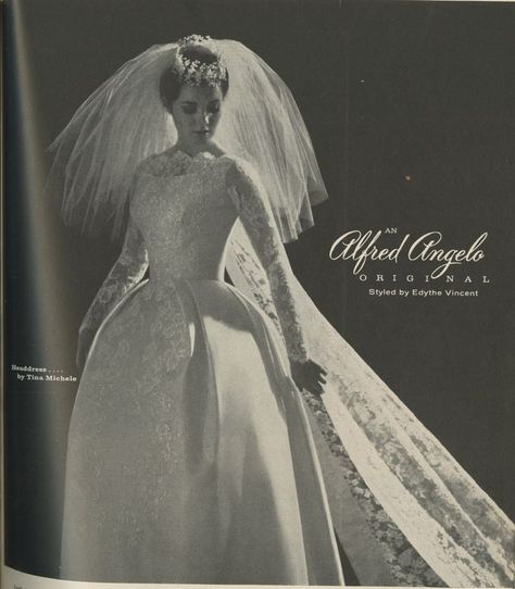 An Alfred Angelo original styled by Edythe Vincent, 1964, vintage designer fashion bride ad Alfred Angelo Wedding Dress Vintage, Bridal Magazine Cover, Vintage Weddingdress, Alfred Angelo Wedding Dress, Vintage Bridal Fashion, Bride Dress Vintage, Wedding Dresses 50s, 1950s Wedding Dress, Dream Gown