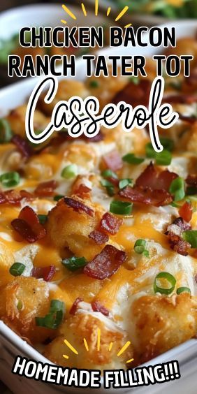 Chicken Bacon Ranch Tater Tot Casserole. This dish combines tender chicken, crispy bacon, and golden tater tots, all smothered in a creamy ranch sauce. It’s a delightful blend of flavors… Chicken Bacon Ranch Tater Tot Casserole, Bacon Ranch Tater Tot Casserole, Ranch Tater Tot Casserole, Creamy Ranch Sauce, Tater Tot Recipes, Bacon Casserole, Ranch Sauce, Tater Tot Casserole Recipes, Meatball Casserole