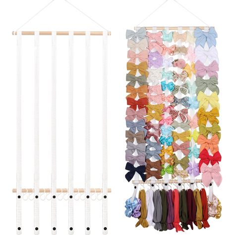 PRICES MAY VARY. ♥ Perfect Hair Bows Holder Storage ♥ Made of 6 Longer Cotton Ribbons and 2 bigger wooden frame, Bow holder size is 28" X 13.5". Oaoleer bows organizer for girls is enough to hold 60+ hair bows or 60+ hair clips. And turn that messy bows into a beautiful display. The bow organizer holder are also ideal accessories to decorate the princess room and nice presents for girls. ♥ Store More Headbands ♥ Easy access snaps at the bottom of our hair bows organizer for your headbands, scrun Baby Headband Holders, Headband Storage, Closet Storage Accessories, Bow Storage, Hair Bow Organizer, Headband Organizer, Bow Organizer, Jewelry Organizer Wall, Headband Holder