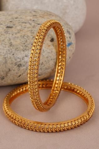 Shop for Smars Jewelry Leaf Bangles (Set of 2) Online at Aza Fashions 10gm Gold Bangle, Bangle Set Gold Design, 2 Bangles Set Gold, Bangle Designs Gold Indian, Unique Bangle Designs Gold, Bangles Jewelry Designs Gold Antique, Golden Bangles Design, Fancy Bangles Gold, Golden Bangles Indian Design