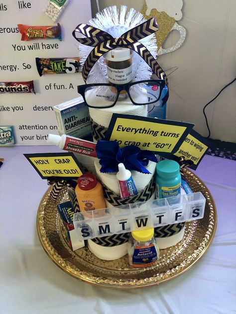 Holy. Crap Your Old 50th Gag Gifts, Happy 80th Birthday Cakes For Men, 50 Year Old Gift Basket, Getting Old Gift Basket Funny, Over The Hill Basket Ideas, Old Man Survival Kit, Gag Gifts For 70th Birthday Funny, Funny 60th Birthday Decorations, 60th Birthday Pranks