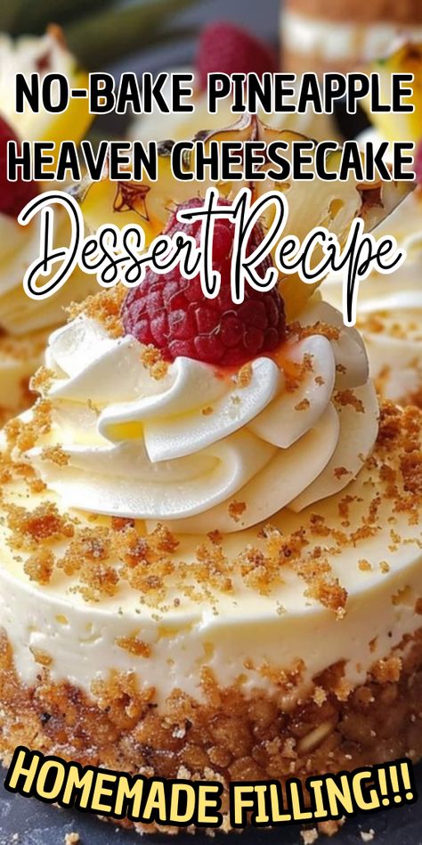 No-Bake Pineapple Heaven Cheesecake Dessert No Bake Pineapple Mousse Cheesecake, No-bake Pineapple Heaven Cheesecake Dessert, Jello No Bake Cheesecake Box Recipes, Mini Pineapple Cheesecake, Cold Cheesecake Recipes, Pineapple Cheesecake Dessert, Pineapple Heaven Cheesecake, Pineapple Cheesecake No Bake, No Bake Cheesecake Desserts