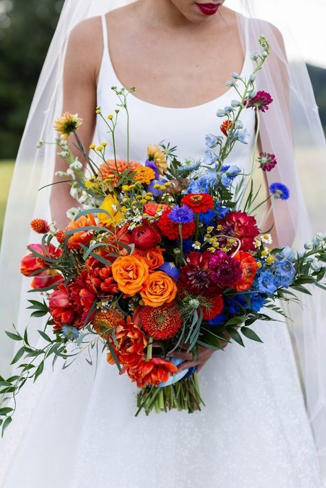 Red Yellow Blue Wedding Flowers, Blue Red Orange Wedding Flowers, Trader Joe Wedding Bouquet, Colorful Flowers Wedding Decoration, Wedding Bouquet Bright Colors, Bright Flower Bouquet Wedding, Bold Flower Bouquet, Czech Wedding Traditions, Blue And Orange Flowers Wedding