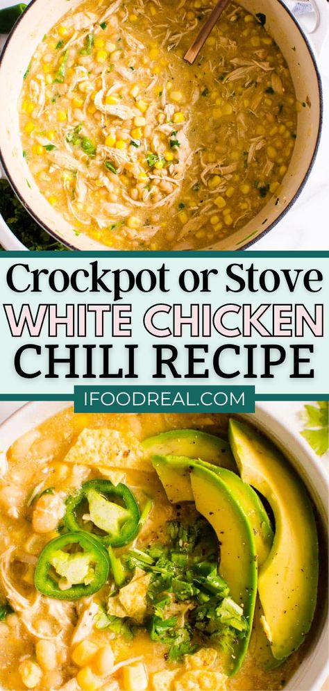 This Crockpot or Stove White Chicken Chili Recipe is a delicious meal that comes together in just 30 minutes! You can make this recipe 3 separate ways, so not only can you use your crockpot, or stovetop, but you can use your instant pot as well. It’s a versatile recipe and incredibly flavorful, so try it today! White Chilli Chicken Recipe, White Chicken Chili Stove Top, Crock Pot White Chicken Chili, White Chicken Chili Slow Cooker, White Chicken Chili Recipe, Completely Delicious, Chicken Chili Crockpot, White Bean Chicken Chili, Slow Cooker Chicken Chili