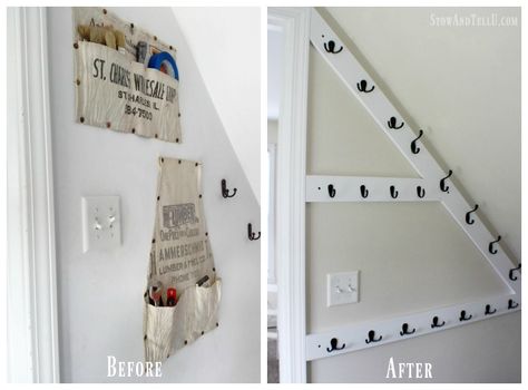 Gatehouse Inspired Entryway Makeover $100 Room Challenge Stairway Coat Storage, Stairwell Coat Hooks, Coat Hooks Under Stairs, Understairs Closet, Under Stairs Cupboard Storage, Stairway Makeover, Stairway Storage, Cat Closet, Basement Stairway