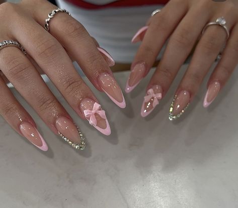 Almond Bling Nails, Bling Nails Rhinestones, Nails Rhinestones, Barbie Pink Nails, December Nails, Girly Acrylic Nails, Bling Nails, Rhinestone Nails, Almond Nails