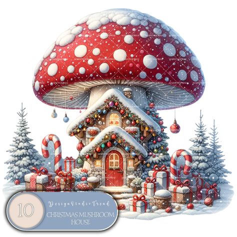 Christmas Mushrooms, Mushrooms Vintage, Christmas Mushroom, Mushroom Houses, Winter Fairy, Mushroom House, Mushroom Design, Tag Print, Baby Shower Winter