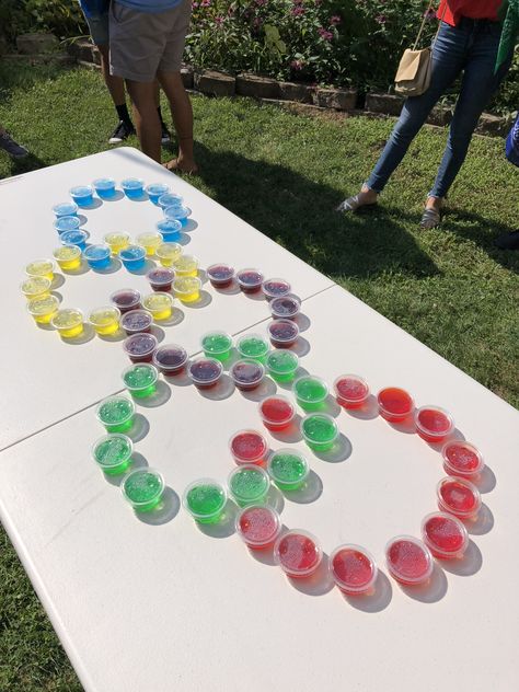 Jell-O shots for beer Olympics! Beer Pong Tournament Outfits, Bach Olympics Games, Olympics Bachelorette Party, Yard Game Olympics, 4th Of July Beer Olympics, Beer Olympics Theme Outfits, Beer Olympics Themes, Olympic Themed Drinks, Olympic Drinking Games