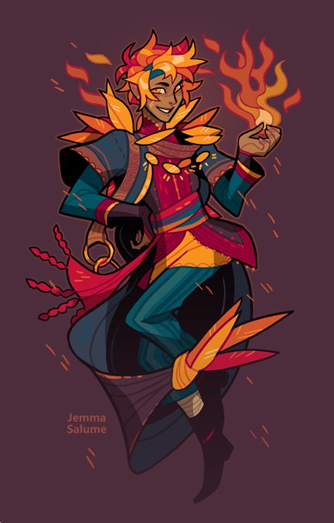 Oxboxer Art, Fire God Character Design, Fire Characters Design, Phoenix Clothes Design, Autumn Character Art, Fire Oc Art, Autumn Outfits Drawing, God Like Character Design, Pyromancer Character Design