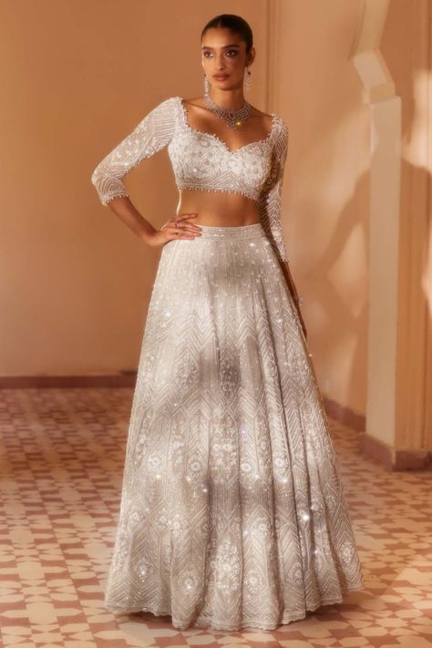 Roqa | Ivory Labaan Lehenga Set | INDIASPOPUP.COM Chickenkari Lehenga, Ivory Bridal Lehenga, Ivory Lehenga, Cutdana Embroidery, Dori Work, Gold Lehenga, Cocktail Party Outfit, Indo Western Gown, Sangeet Outfit