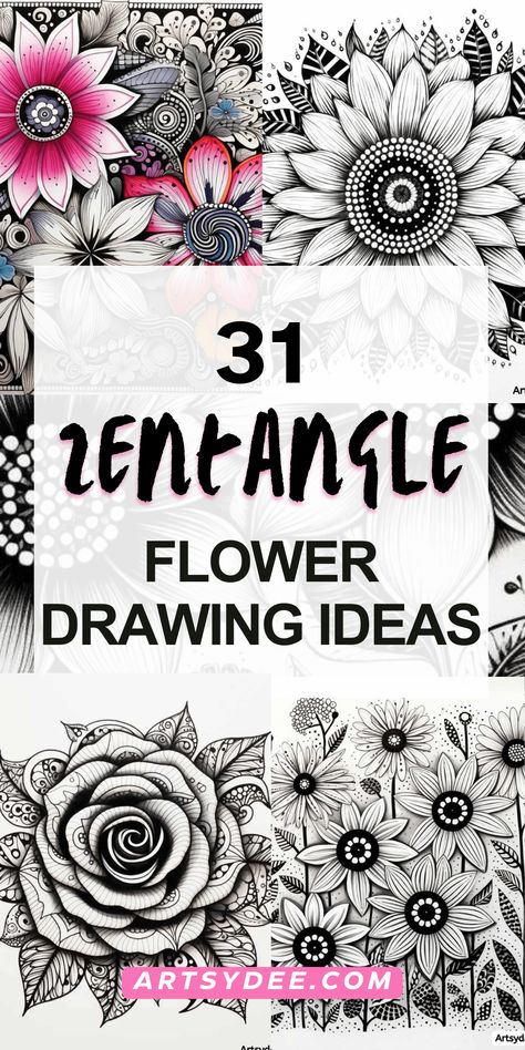 Explore 31 Zentangle Flowers for Your Sketchbook Art Inspiration! Enhance your artistic journey with a stunning array of floral zentangle designs. Ignite your creativity and find inspiration for your sketchbook art. From intricate petals to mesmerizing patterns, these zentangle flowers will breathe life into your artwork. Immerse yourself in the beauty of zentangle floral art and ignite your imagination today! Don't forget to grab the bonus free zentangle flower templates. Zentangle Flowers Step By Step Simple, Zendoodle Art Flower, Leaves Zentangle, Zentangle Flowers Step By Step, Colourful Zentangle Art, Zentangle Art Flowers, Zentangle Art Easy, Simple Zentangle, Colorful Zentangle