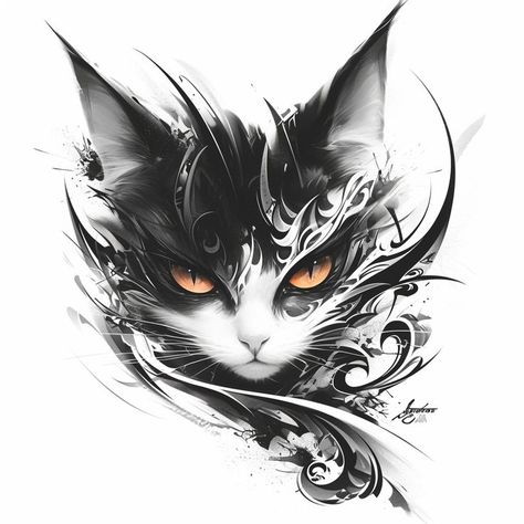 Black And White Cat Art, Tattoo Gato, Cool Wrist Tattoos, Black Cat Tattoos, Cartoon Character Tattoos, Cat Tattoo Designs, Red Ink Tattoos, Japanese Tattoo Designs, Canvas Painting Designs