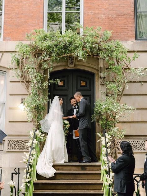 The bride and groom with friend and officiant Dr. Kenzo Bergeron. Vintage Vivienne Westwood Dress, Lauren Rodriguez, Antique Veil, Christian Photography, Destination Wedding Decor, Vogue Wedding, Downtown New York, Ceremony Seating, Santa Barbara Wedding