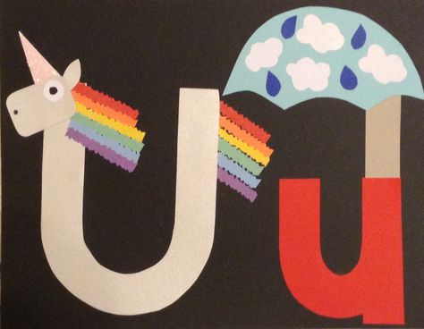 U is for Unicorn & Umbrella U Is For Unicorn Preschool, Letter U Art Preschool, Letter U Activities For Preschool Crafts, U Is For, Letter U Craft, Unicorn Umbrella, U Is For Umbrella, Phonics Crafts, U Is For Unicorn