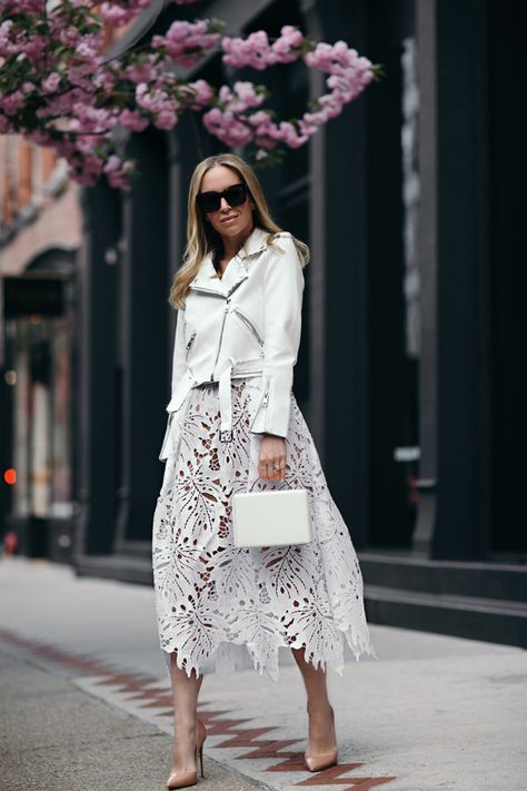 Spring Dresses | Spring Style: White Out | Brooklyn Blonde Leather Jacket White Dress, White Lace Skirt Outfit, White Leather Jacket Outfit, Outfit Bianco, White Lace Dress Outfit, Beautiful Spring Dresses, Brooklyn Blonde, Dresses Aesthetic, Dress Leather