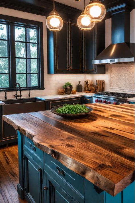 Rustic kitchen island with slate countertop Rustic Countertop Ideas, Poxy Countertops Wood, Live Edge Countertop Kitchen, Wood Kitchen Island Ideas, Wood Plank Countertop, Accent Kitchen Island, Wood Slab Countertop, Wooden Counter Tops, Wood Kitchen Countertops