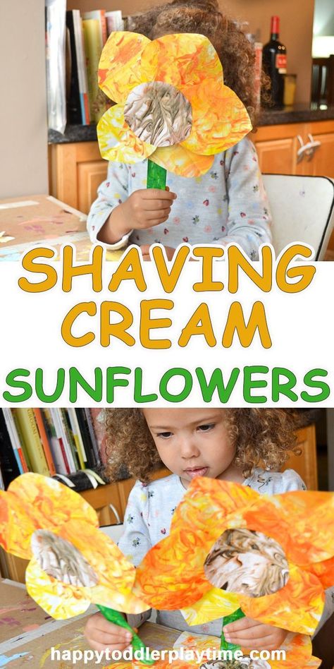 Shaving Cream Sunflowers – HAPPY TODDLER PLAYTIME Cream Sunflowers, Daffodil Day, Preschool Spring, Summertime Crafts, Sunflower Crafts, Plant Crafts, Fall Preschool, Thanksgiving Kids, Spring Theme