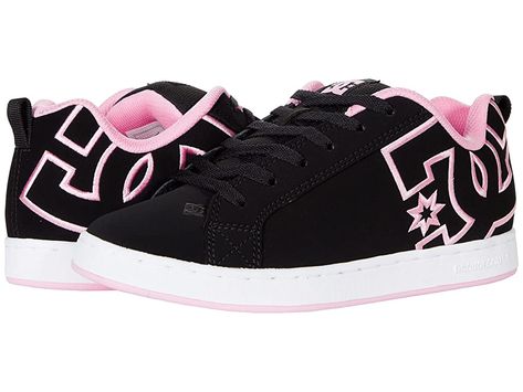 DC Court Graffik W - Women's Skate Shoes : Black/White/Pink : A modern classic, the DC Court Graffik W casual shoes deliver with a clean silhouette and bold logo detail. Casual sneakers with heavy-duty suede, sturdy action nubuck, or soft and resilient action leather upper for abrasion-resistance and durability. Foam-padded tongue and collar for added comfort and support. Textile lining offers breathability. Internal elastic tongue holders for added foot stability. Rubber cupsole with iconic pil Womens Dc Shoes, Dc Shoes High Tops, Cute Affordable Shoes, Dcs Shoes, Woman’s Shoes, Cutecore Shoes, Acubi Shoes, Skate Vibes Aesthetic, Pink Dc Shoes