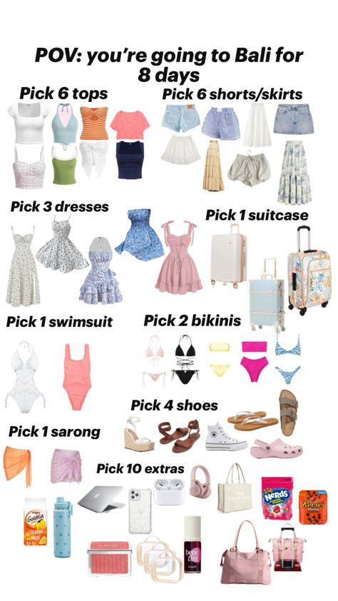 Trip Essentials Packing Lists, What To Pack For Vacation, Road Trip Bag, Bali Baby, Packing Essentials List, Preppy Inspiration, Bali Vacation, Travel Bag Essentials, Packing List For Vacation