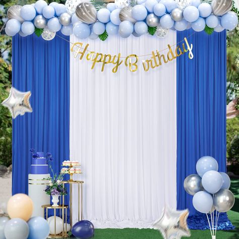 PRICES MAY VARY. Backdrop Curtain Panels: Your package will come with 4 panels photography backdrop drapes(2 Panels white backdrop curtain and 2 Panels royal blue backdrop curtain). Each background panels measures 2.5ft width and 10ft height. Background Drapes: Our backdrop curtains drapes are crafted from 100% quality fabric. The photography drapes are wrinkle-free, soft touch feeling. Each backdrop background measuring 2.5ft width and 10ft height, suitable for kinds of theme parties. For Kinds Blue And White Backdrop Ideas, Blue And Lemon Party Decor, Blue Theme Birthday Party Decorations, Blue And White Party Decorations, Blue And White Birthday Theme, Royal Blue Quinceanera Theme, Royal Blue Backdrop, Blue Quinceanera Theme, Party Photo Booth Backdrop