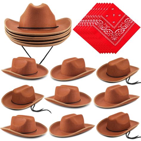 PRICES MAY VARY. Cowboy Costume for Boys: what you will receive are 10 pieces of kid cowboy hats in brown color, and 10 pieces of cowboy paisley bandanas in red, the cowboy hat and bandana are suitable for most styles and personalities, your child will stand out from the crowd Reliable Material: our brown cowboy hat is made of quality felt material, lightweight and comfortable, won't weigh your head down, and the paisley cowboy bandanas are made of polyester, soft, breathable, skin friendly, not Birthday Masquerade Party, Kids Cowboy Hat, Toddler Cowboy Hat, Cowboy Cosplay, Cowboy First Birthday, Kids Cowboy Hats, Cowboy Bandana, Cowboy Theme Party, Brown Cowboy Hat