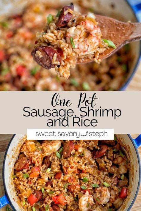 One pot sausage, shrimp and rice is a dish reminiscent of Jambalaya.  Everything cooks in one pot and comes together so easily; the flavors build on each other as each component cooks.  Smoky turkey kielbasa, peppers, onion, fluffy white rice, and fresh shrimp are the main stars of this show.  With a good amount of seasoning and some fresh scallions, this dish is flavorful and a nice change up from your usual dinner routine, but you won't be stuck in the kitchen for hours.  One pot sausage, ... Sausage And Shrimp Recipes, One Pot Sausage, Turkey Kielbasa, Sausage Shrimp, Shrimp And Rice Recipes, Sausage Rice, Fresh Shrimp, Kielbasa Recipes, Shrimp Sausage