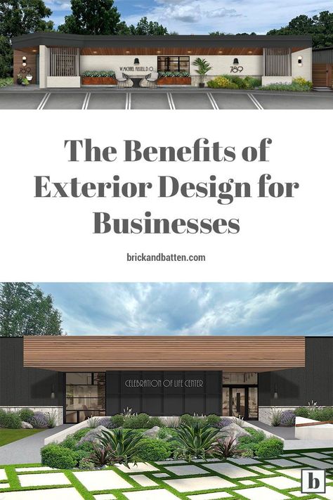 We've helped nearly 3,000 homeowners with their #curbappeal since launching brick&batten. However, we're seeing more and more demand for a side of our work that we don't talk about as often: #exteriordesign for businesses. Our expert designers have been putting together renderings and resource lists for small businesses — from restaurants to retail shops to dentist’s offices — since the early days. Own a commercial property? Get tips in this post! Small Office Exterior Design Buildings, One Story Office Building Exterior, Small Commercial Office Design, Small Office Exterior Design, Commercial Building Exterior Facades, Business Building Exterior, Modern Commercial Building Exterior, Commercial Exterior Design, Small Commercial Building