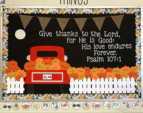 Fall Billboard Ideas For Work, Pumpkin Patch Bulletin Boards For Daycare, Fall Theme Boards Preschool, 3d Fall Bulletin Boards, October Bulletin Board Ideas Christian, Christian Halloween Bulletin Boards, Fall Bullinton Board Ideas, Fall Festival Bulletin Board Ideas, November Window Display Preschool