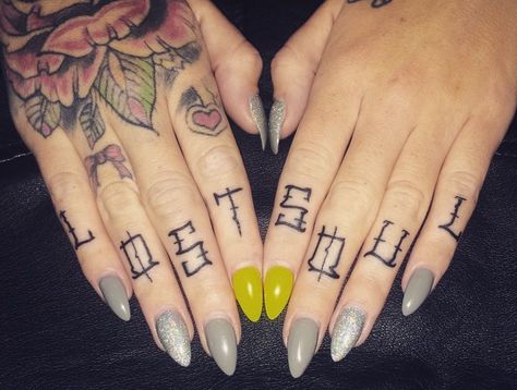 Finger Designs Tattoo, Lost Soul Finger Tattoo, Finger Tattoos For Women Letters, Hope Tattoo Finger, Hand Tattoos Words Lettering, Women’s Knuckle Tattoos, Word Finger Tattoos For Women, Women Knuckle Tattoo Ideas, 8 Letter Words Knuckle Tattoo