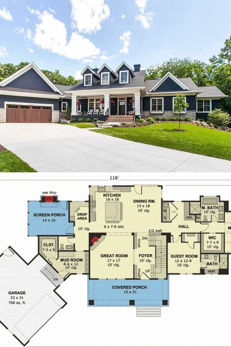 Cape Cod Blue House Exterior, Ranch 2 Story House, Craftsman Cape Cod, Cape Cod Home Floor Plans, Craftsman Style Homes 2 Story, Cape House Floor Plans, Cape Cod Ranch House Exterior, 4 Bedroom Cape Cod House Plans, 2600 Sq Ft House Plans 2 Story